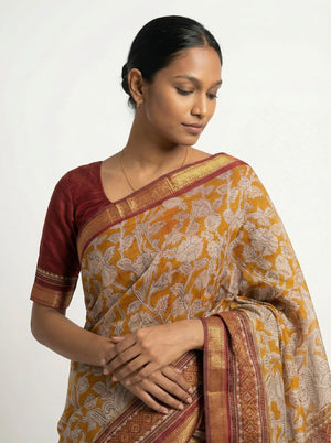 Cotton Mustard Yellow Saree with Floral Print and Maroon Zari Border