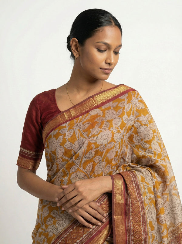 Cotton Mustard Yellow Saree with Floral Print and Maroon Zari Border