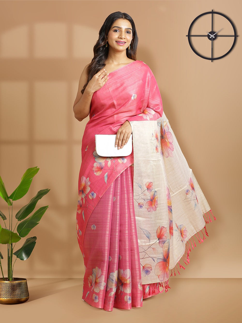 Pink Color Tissue Saree And Golden Color Pallu With Multi Floral Print Design