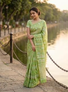 Chanderi Cotton Parrot Green Check Pattern Printed Saree