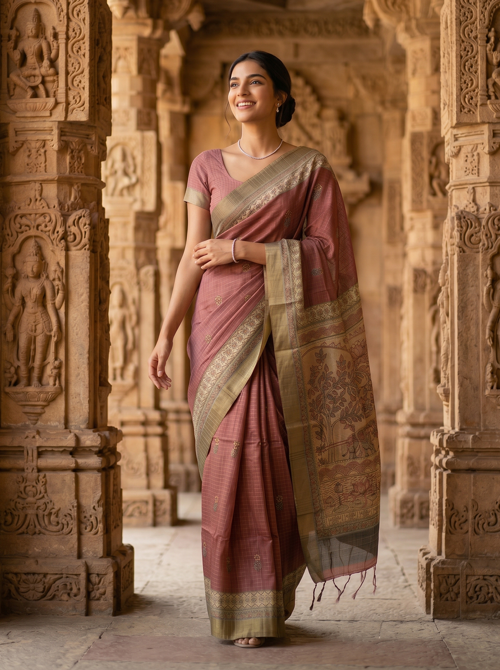 Woman in a traditional saree standing in an architectural setting