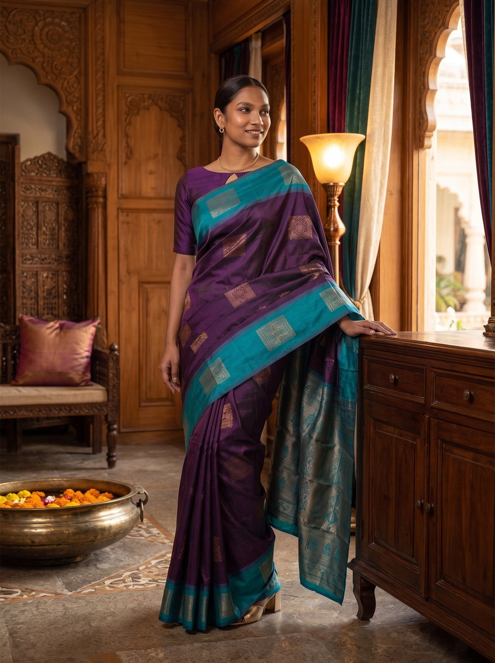 Woman in a purple and blue saree standing in a room with wooden furniture and decorative elements.