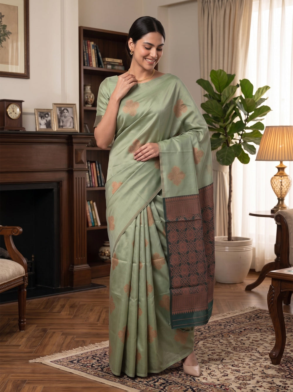 Woman in a green saree standing in a well-furnished room with books and decor.