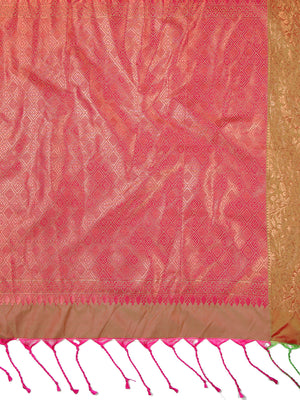 Bright Pink Waved Zari Designed Saree With Olive Green Border