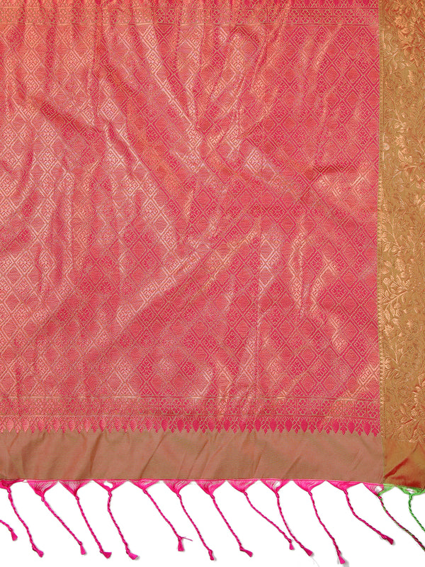 Bright Pink Waved Zari Designed Saree With Olive Green Border