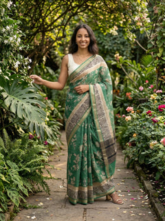 Chanderi Cotton Green And Beige Floral Printed Saree