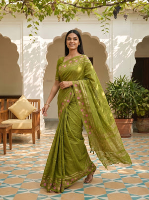 Semi Tussar Olive Green Floral Embroidery Border Saree