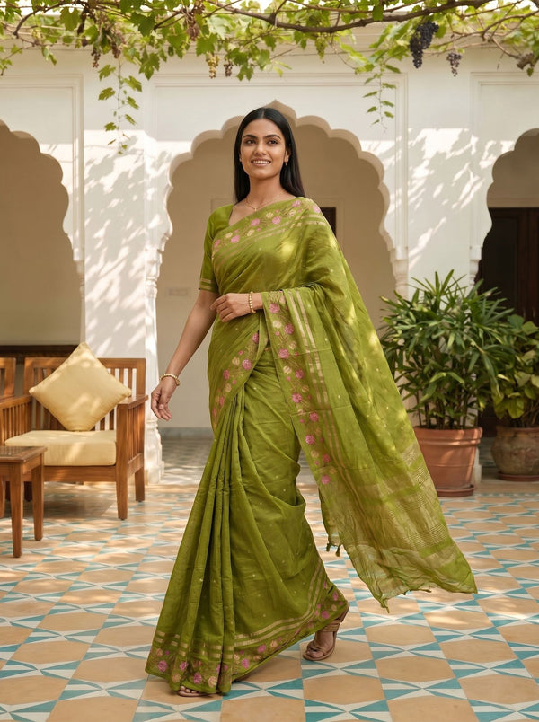 Semi Tussar Olive Green Floral Embroidery Border Saree