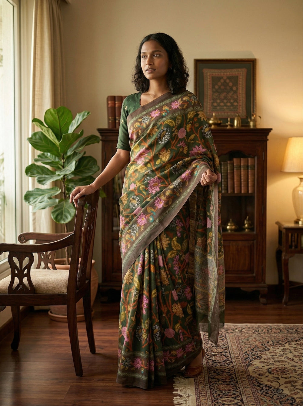 Woman in a floral saree standing in a room with wooden furniture and decor.