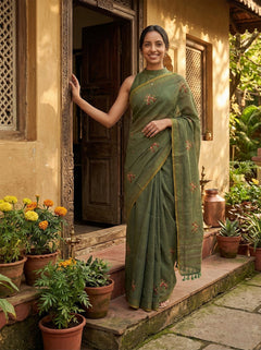 Chanderi Cotton Olive Green Floral Embroidered Pattern Saree