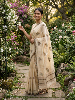 Chanderi Cotton Off White & Multicolor Floral Motif Pattern Saree