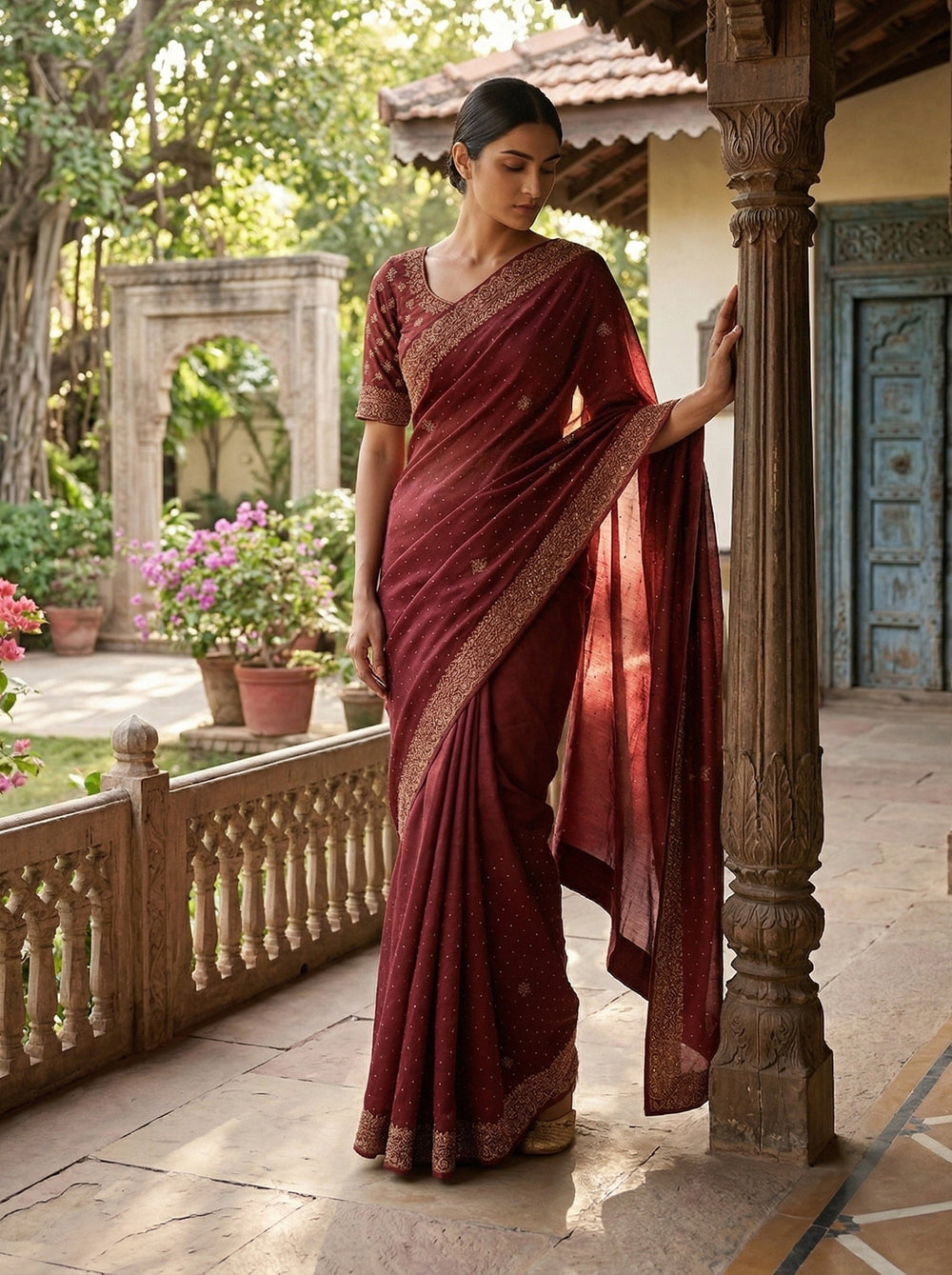 Vichitra Silk Maroon Red Stone Work  Border Designer Saree