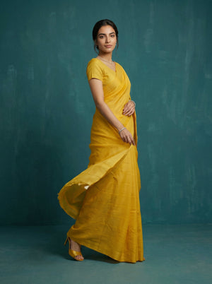 Woman wearing a yellow saree against a teal background