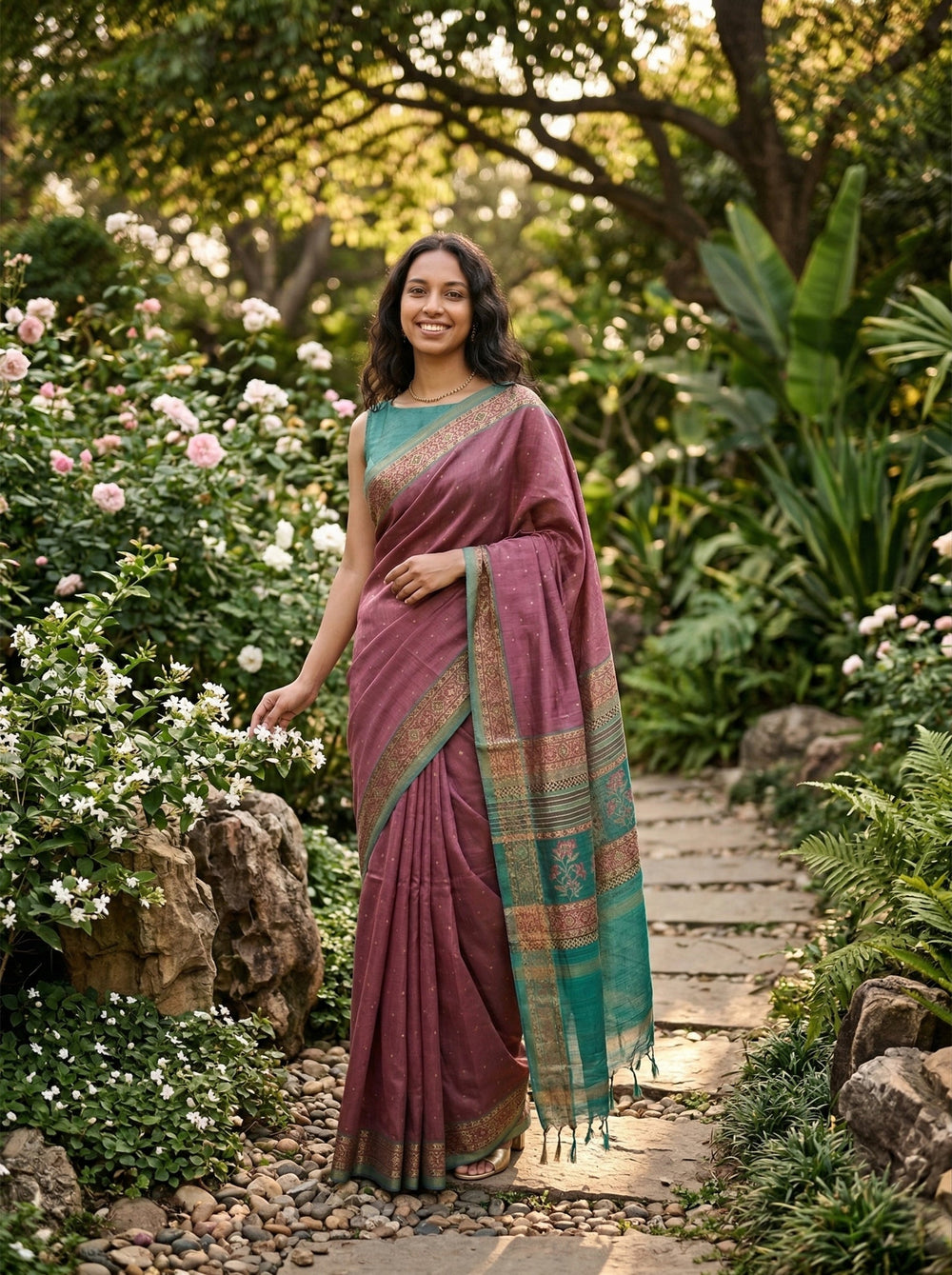 Chanderi Cotton Plum Purple & Teal Green Zari Butta Pattern Saree