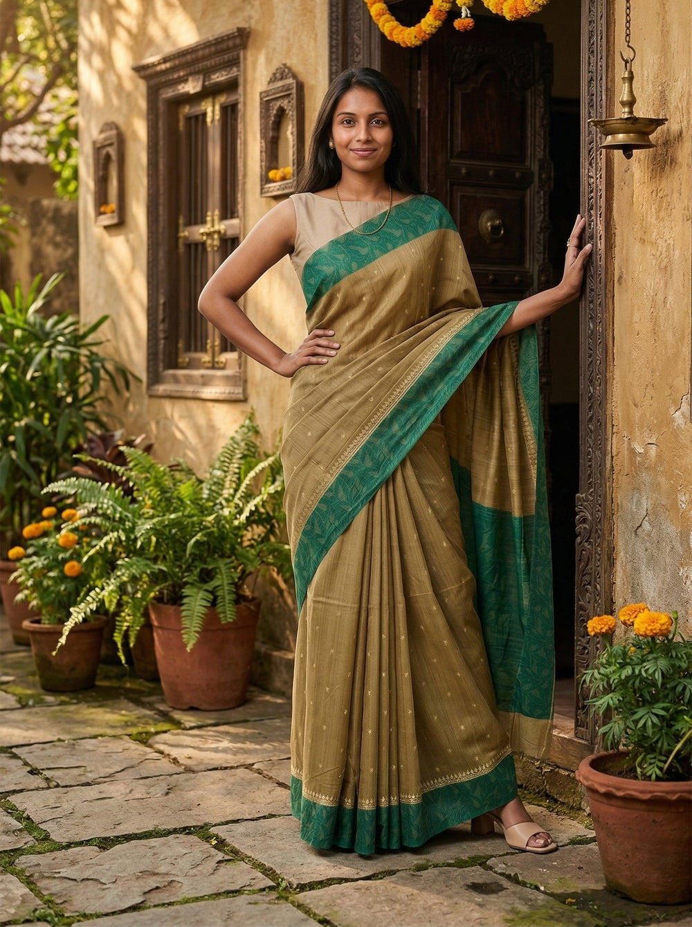 Chanderi Cotton Olive Green Border Saree
