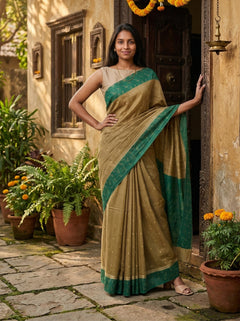 Chanderi Cotton Olive Green Border Saree
