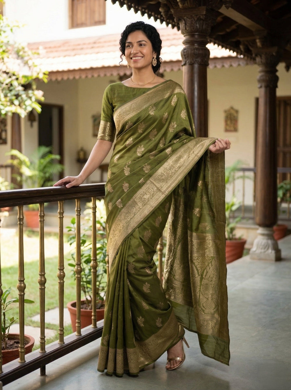 Woman in a green saree standing on a balcony with plants and traditional architecture in the background