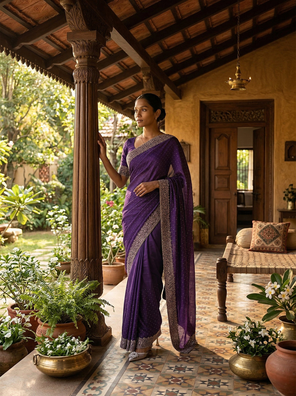 Vichitra Silk Violet Embroidered Saree with Intricate Floral Border