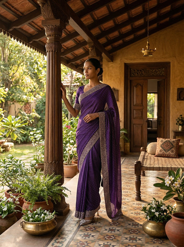 Vijithra Silk Violet Embroidered Saree with Intricate Floral Border