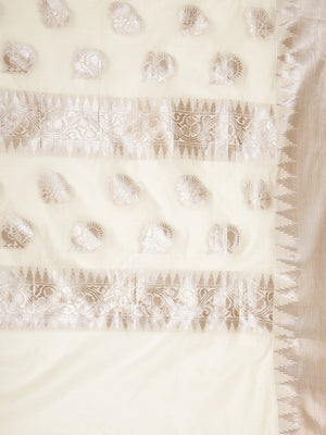 Off White Color Cotton Set Saree With Rose Gold Lotus Floral Buttas And Temple Border