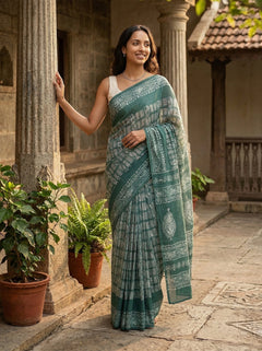 Chanderi Cotton Teal White Handblock Print Saree