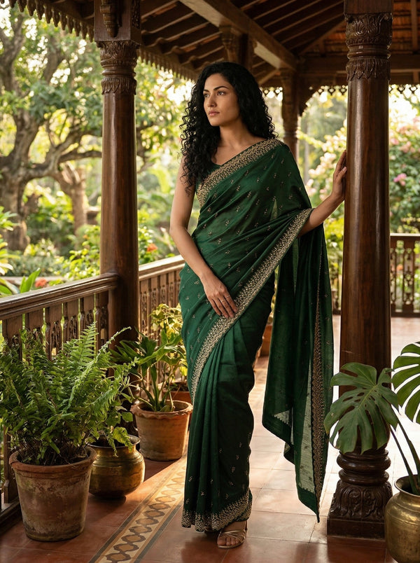 Woman in a green saree standing in a garden setting with plants and wooden architecture.