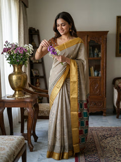 Woman in a traditional saree arranging flowers in a room with wooden furniture and decor.