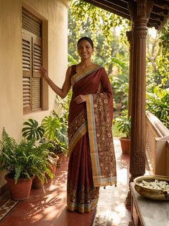 Chanderi Cotton  Maroon Floral Vine Printed Saree