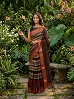 Chanderi Cotton Black Rust Striped Saree