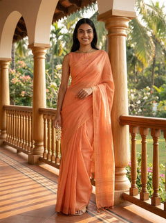 Chanderi Cotton Peach Embroidered Floral Pattern Saree