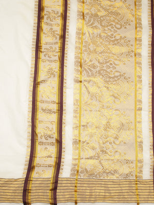 Off White Color Cotton Set Saree With Golden And Coffee Brown Thread Worked Buttas