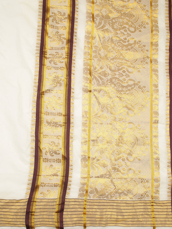 Off White Color Cotton Set Saree With Golden And Coffee Brown Thread Worked Buttas