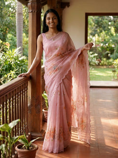 Organza Pink Floral Embroidered Saree