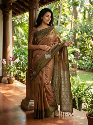 Art Silk Brown Butta Printed Saree with Contrast Border