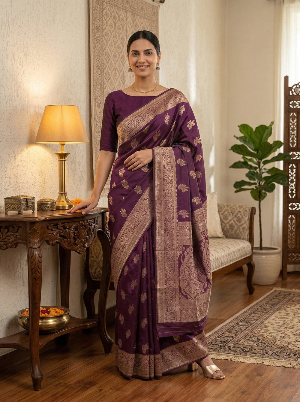 Woman in a purple saree standing in a room with a lamp and plant.