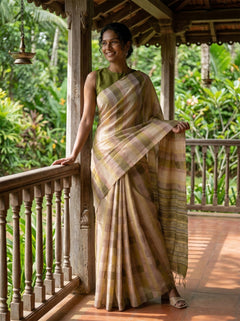 Chanderi Cotton Olive Beige Checked Saree