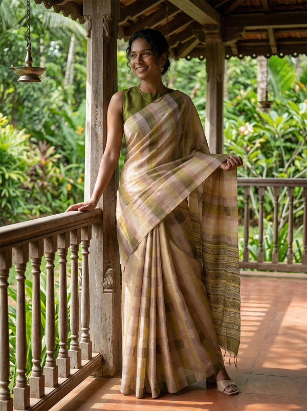 Chanderi Cotton Olive Beige Checked Saree
