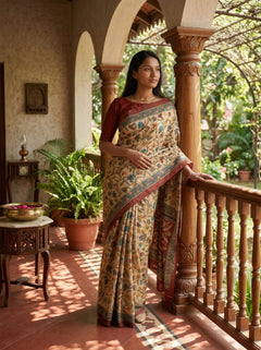 Chanderi Cotton Beige Kalamkari Inspired Saree