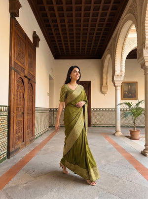Kanjivaram Olive Green Plain Saree with Heavy Zari Embroidered Border and Rich Designer Pallu