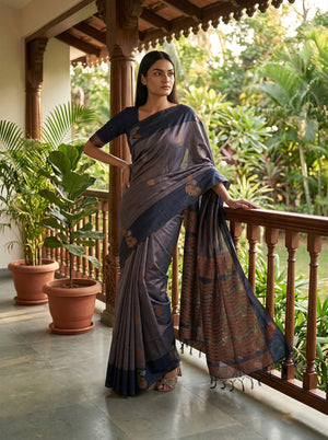 Art Silk Blue Butta Printed Saree with Contrast Border