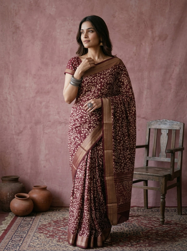 Woman in a patterned saree standing against a pink wall with rustic decor.