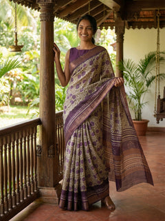 Chanderi Cotton Beige And Purple Floral Printed Saree