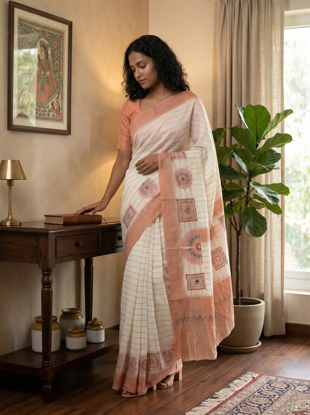 Woman in a saree standing in a room with a desk, lamp, and plant.