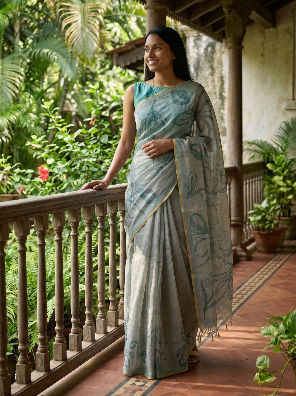 Chanderi Cotton Mist Grey Floral Saree