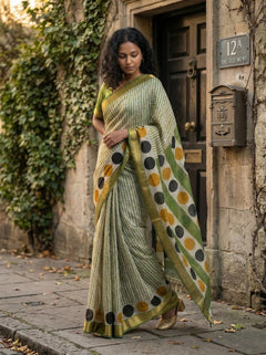 Woman wearing a green saree with polka dot patterns standing in front of a door.
