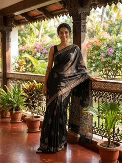 Chanderi Cotton Black Printed Ethnic Saree