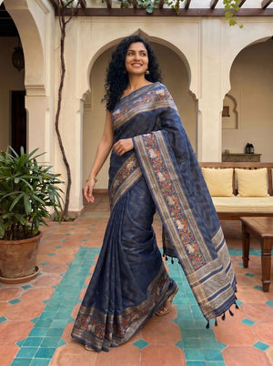 Tussar Silk Deep Steel Blue Printed Kalamkari Border Saree