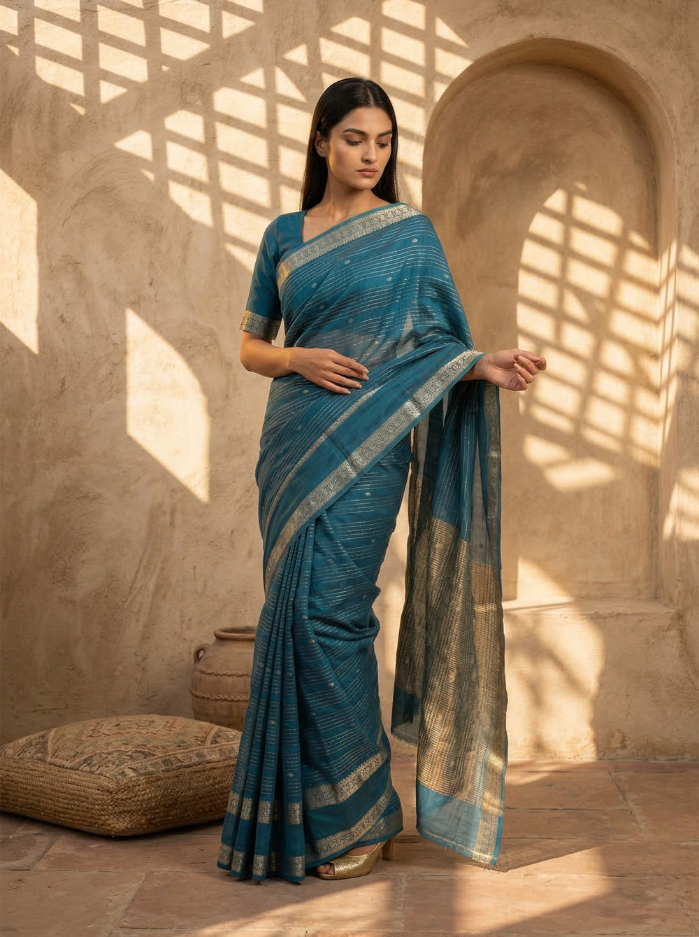 Woman in a blue saree standing in a sunlit room with architectural elements.