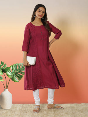 Wine Pink Color Patch Worked Embroidery Designed Cotton Blended Kurti Top