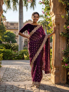 Shimmer Organza Wine Butta Designer Saree with Heavy Embroidered Border